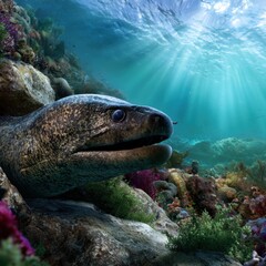 Fototapeta premium Underwater view of a vibrant coral reef with a large moray eel peeking from rocky crevices under sunlit ocean waters with diverse marine flora and fauna