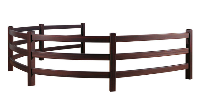 Isolated dark brown wood fence section with smooth curved rails and sturdy posts