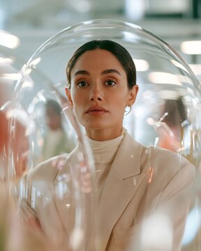 A thoughtful Caucasian woman stands in a glass-domed office