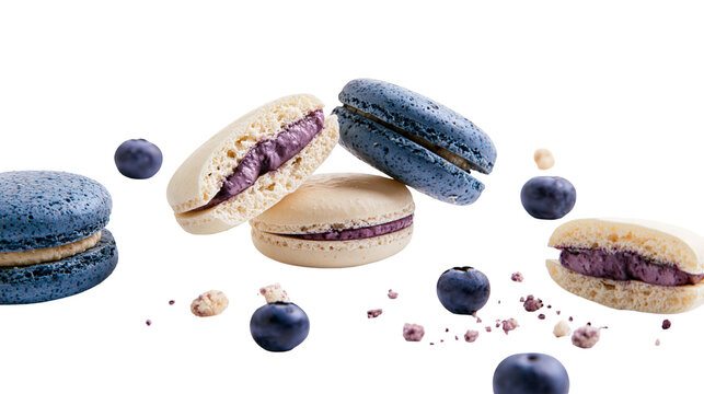 Isolated delicate blueberry macarons and fresh berries, delicious sweet dessert food art