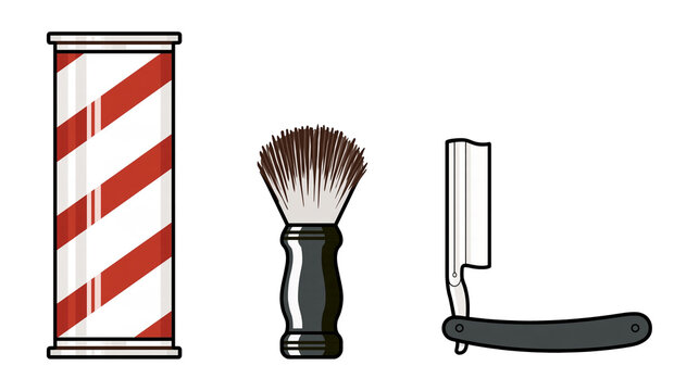 Isolated set of iconic barber shop tools, including a pole, shaving brush, and straight razor