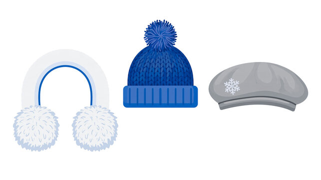 Isolated collection of cozy winter headwear including blue knitted beanie, earmuffs, and grey beret