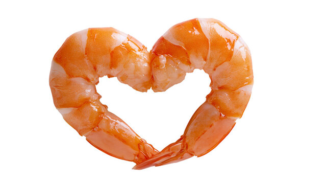 Isolated heart shape made of two perfectly cooked fresh shrimp on a clean surface