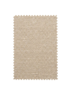 Rectangular beige linen fabric swatch featuring intricate woven geometric patterns with pinked edges on transparent background