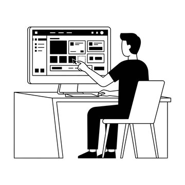 Man sitting at a desk and pointing at a computer screen displaying website UI elements with web design UI design UX design website development user interface graphic designer web developer