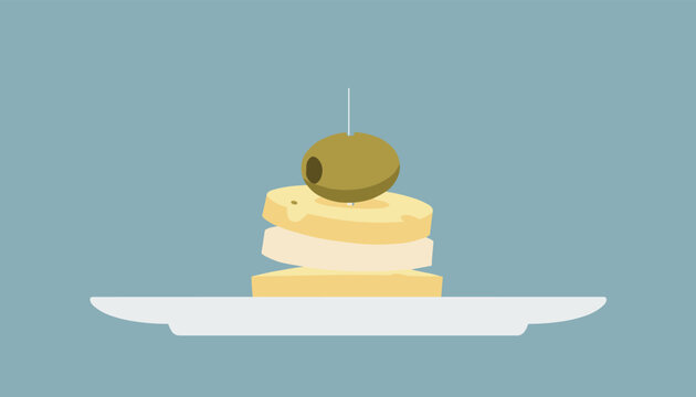 Simple appetizer snack consisting of a stack of cheese and meat held together by a toothpick with a green olive on top on a plate.