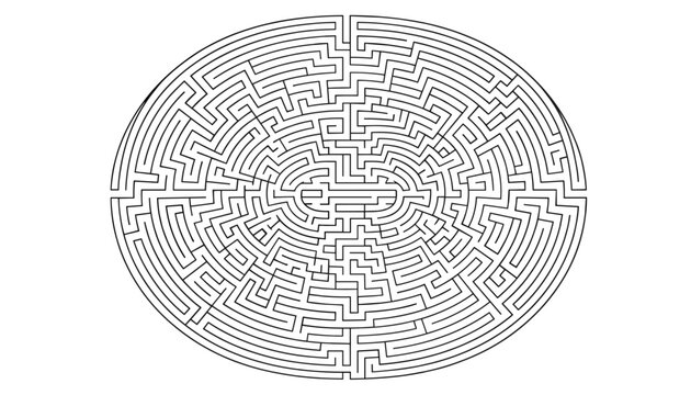 High detail graphic illustration of a complex oval-shaped line maze or labyrinth with multiple pathways against a white background.