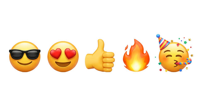 Five vibrant 3D rendered emojis featuring cool glasses, love hearts, thumbs up, fire on transparent background
