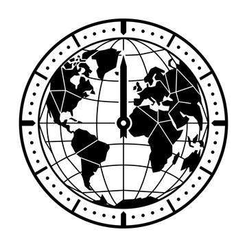 World globe clock face showing time and doomsday countdown concept vector illustration with earth clock time zone world map minute hand climate change planet earth line art black white