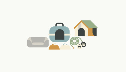 Fototapeta premium Flat design illustration of various pet supplies including a dog house, cat carrier, bed, bowls, leash, and ID name tags for animals.