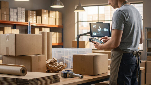 Warehouse worker using digital scanner for parcel logistics in fulfillment center, cardboard shipping boxes in background, professional industrial environment, isolated style asset, high quality