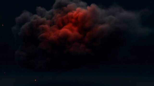 Orange smoke explosion expanding in darkness with glowing embers and dense clouds