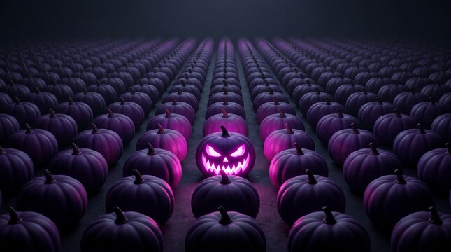 A single glowing jack o lantern surrounded by rows of plain purple pumpkins in the darkness with pumpkin bright glowing identical unlit purple