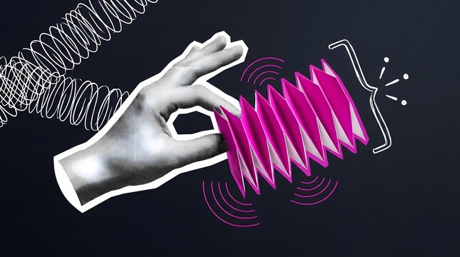 Contemporary collage of grayscale hand pinching pink folded paper accordion against dark background
