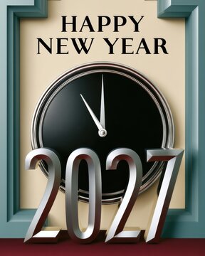 New year 2027 metallic countdown with clock and happy new year text for design, greeting card, poster and background