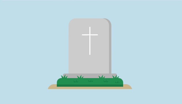 Simple gray tombstone with a white cross standing in green grass against a clear light blue sky background in a quiet cemetery.