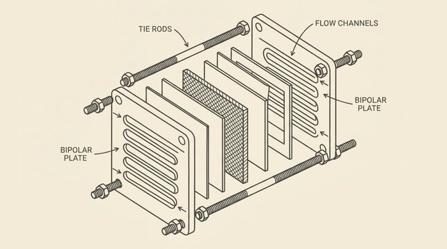 Technical exploded view diagram of a hydrogen fuel cell stack