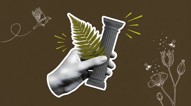 Hand holding green fern frond and classical pillar with botanical sketch illustrations