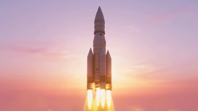 Rocket standing amid smoke against pastel sunset sky with boosters and pointed nose