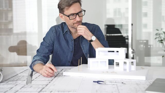Stressed architect feeling overwhelmed and frustrated, suffering from burnout while working on blueprints for a tight project deadline in a modern office setup