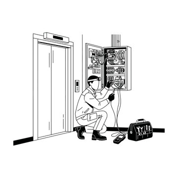 Technician repairing elevator electrical control panel in industrial building with elevator technician maintenance electrician electrical troubleshooting industry mechanical infrastructure
