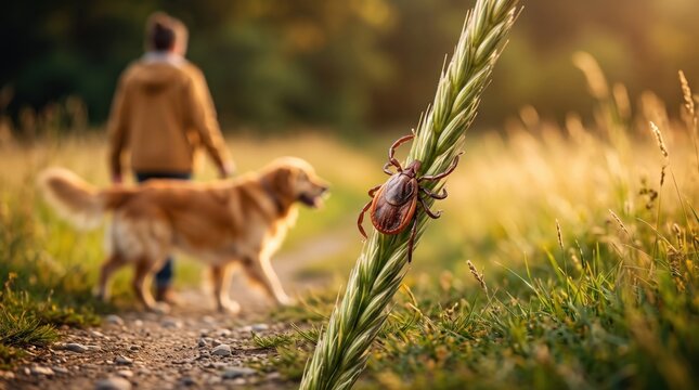 Macro tick crawling on a grass stem with a dog and walker in the background