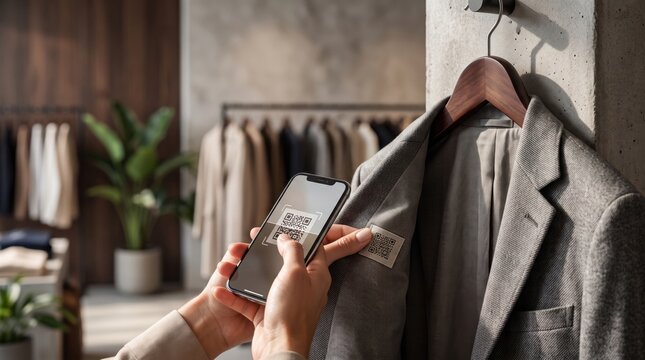 Shopper scanning a digital product passport QR code on a blazer in a clothing store