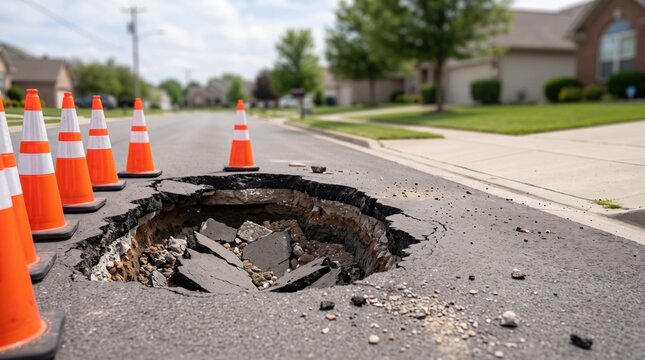 Large road sinkhole surrounded by orange safety cones in a suburban neighborhood