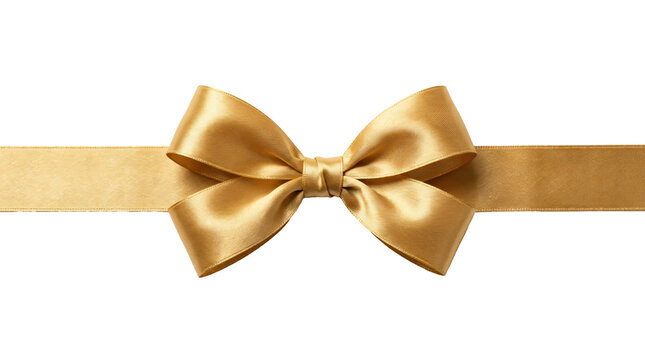 Elegant shiny gold silk bow tied with horizontal ribbon for luxurious gift decoration on transparent background