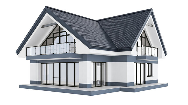 Isolated modern new build residential house with dark roof, white walls, and glass balconies