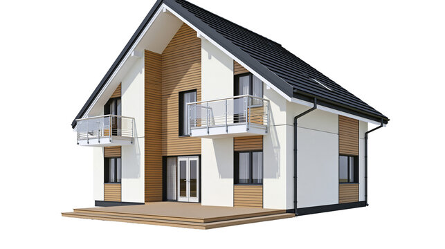 Isolated elegant modern family house with dark roof, natural wood accents, balconies, and deck