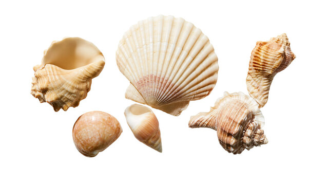 Isolated studio shot of assorted natural ocean and beach seashells and conch shells.