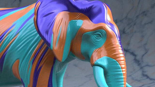 Colorful abstract elephant statue closeup showing textured surfaces against marble background