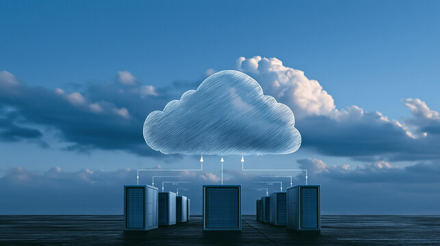 conceptual photo of high tech computers saving data to a technology cloud. Drawn arrows from computers to the cloud