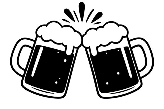 Beer mugs vector illustration of two glasses clinking together with foam and splash lines
