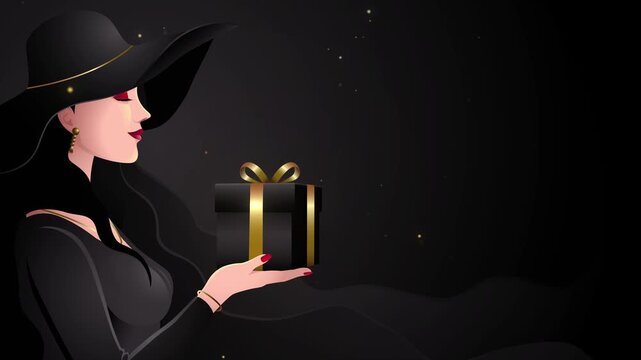 Elegant Black Friday promotional motion graphic with copy space, a stylish woman in black holding a luxury black gift box.