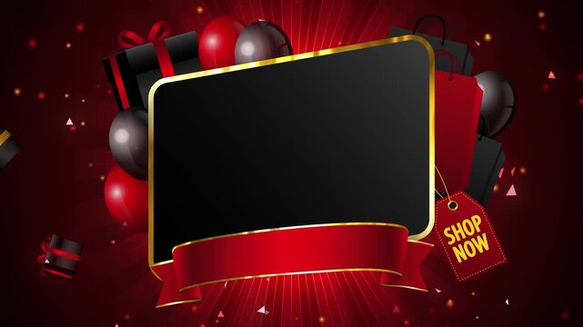 Luxury Black Friday motion graphic template with a large blank black and gold sign surrounded by festive element for ads and promotional needs.
