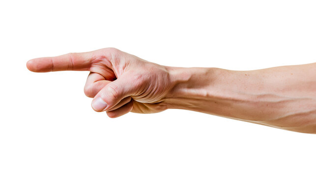 Isolated male arm and hand with index finger pointing left, indicating something or direction.