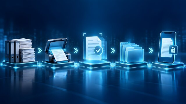 Digital transformation concept showing physical documents being scanned and converted into secure cloud files on mobile device