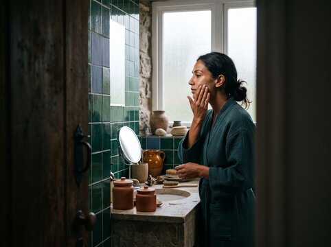 Young Woman in Bathrobe Applying Moisturizing Cream on Face During Morning Skincare Routine