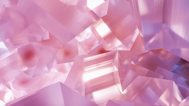 Pink crystal formation with translucent geometric facets in glowing abstract background