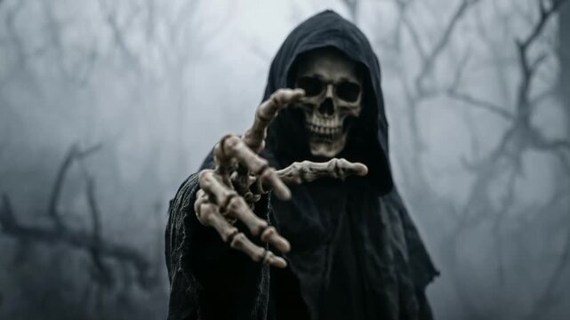 Hooded grim reaper with a skull face pointing toward the viewer in a foggy dead forest, creating a sinister supernatural Halloween horror scen