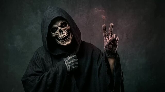 Hooded Halloween skeleton wearing a black robe and terrifying skull mask, posing against a dark studio background while making a peace sign with two fingers, grim reaper costume, skeletal fac