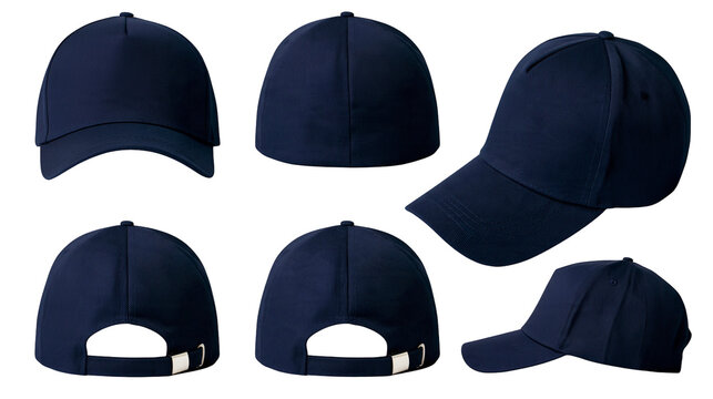 Isolated navy blue baseball cap in multiple views, perfect for showcasing product design.