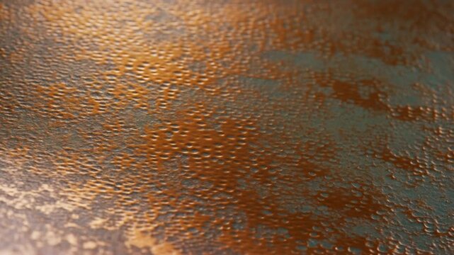 Rusty textured metal surface with mottled orange and blue patina in close view