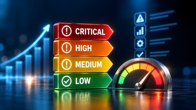 Business risk management concept with critical high medium low level indicator blocks and a performance gauge dashboard.