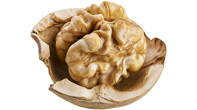 Isolated cracked open walnut revealing fresh nut meat inside its natural wooden shell.