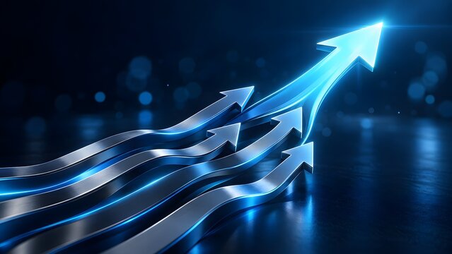 Business synergy and growth concept showing multiple silver arrows merging into one bright glowing blue arrow pointing upward.