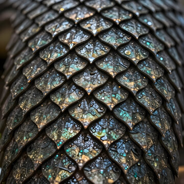 Biomimicry and organic design, intricate dragon scale texture with iridescent leaf patterns and water droplets for nature inspired luxury background