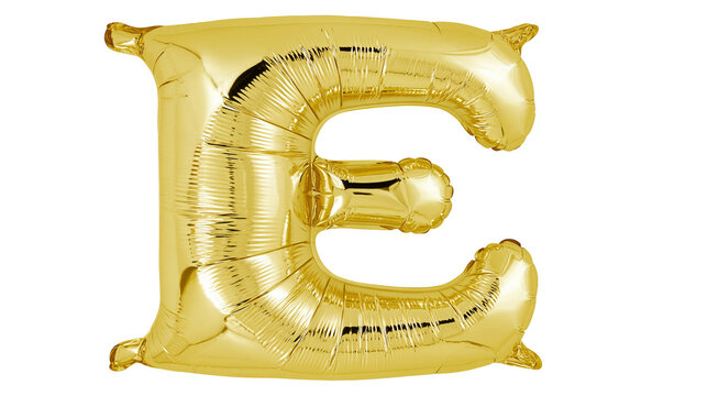 Isolated shining golden metallic uppercase letter E foil balloon with alphanumeric text F (823).